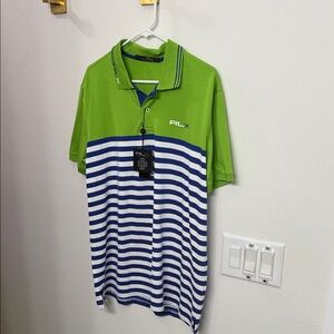 RLX Ralph Lauren Lime Green and Navy Striped Polo Shirt